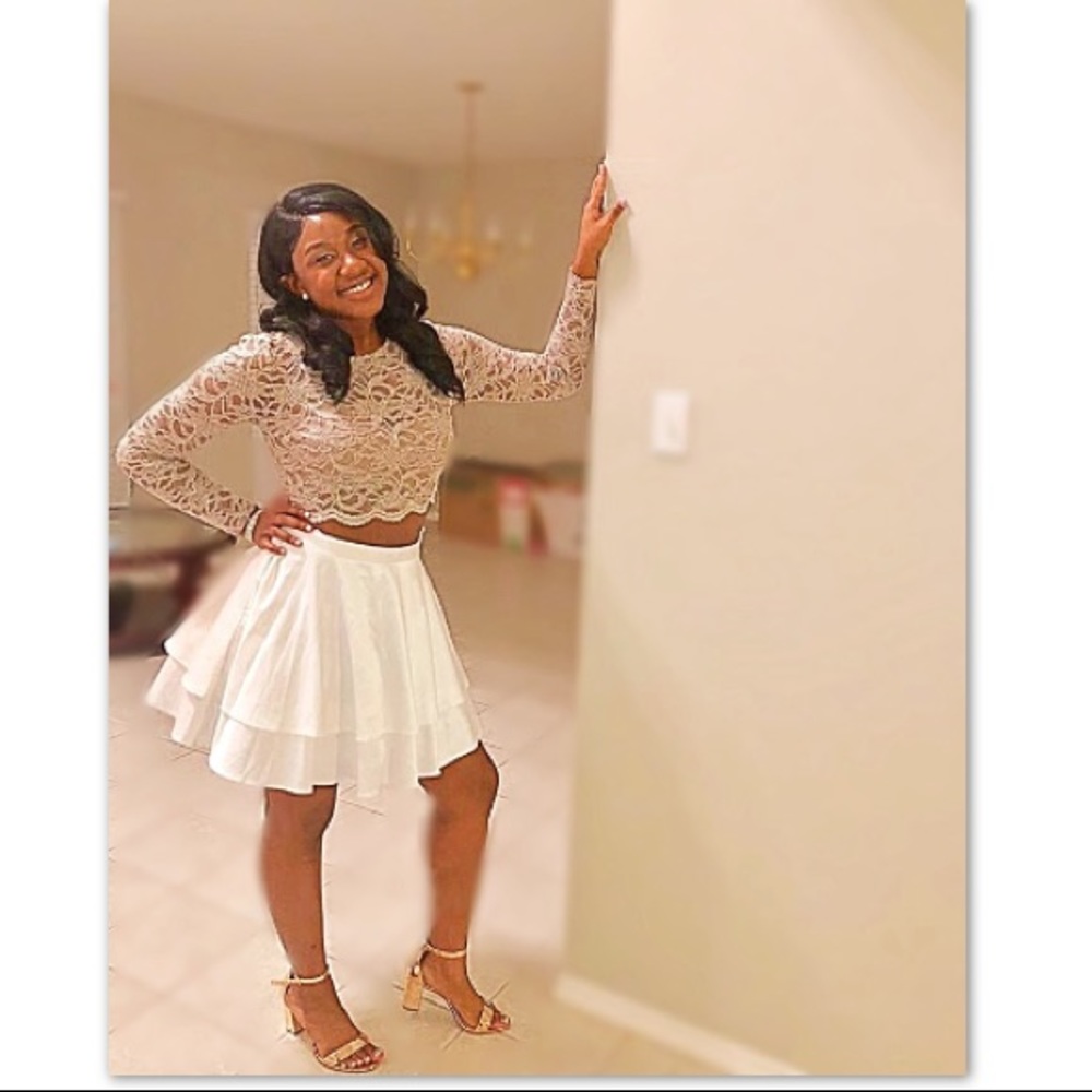 2 Piece Set w/ a Satin skirt and L/S Lace top.